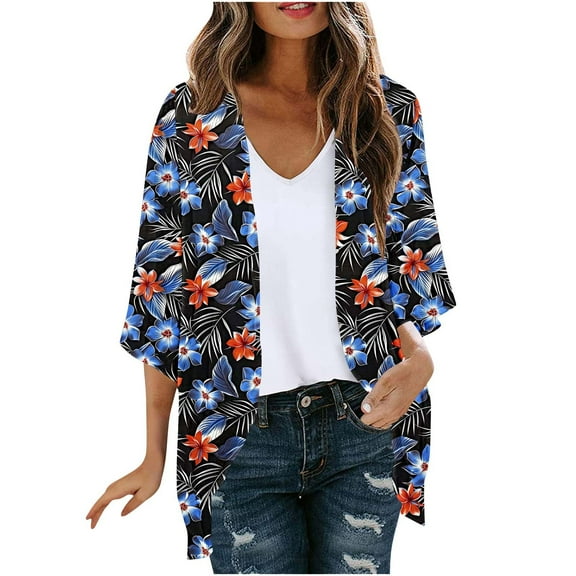 Nmnitkp Womens Cardigan High-Quality Fabric Summer Cardigan Floral Print Puff Sleeve Kimono Cardigan Loose Cover Up Casual Blouse Tops