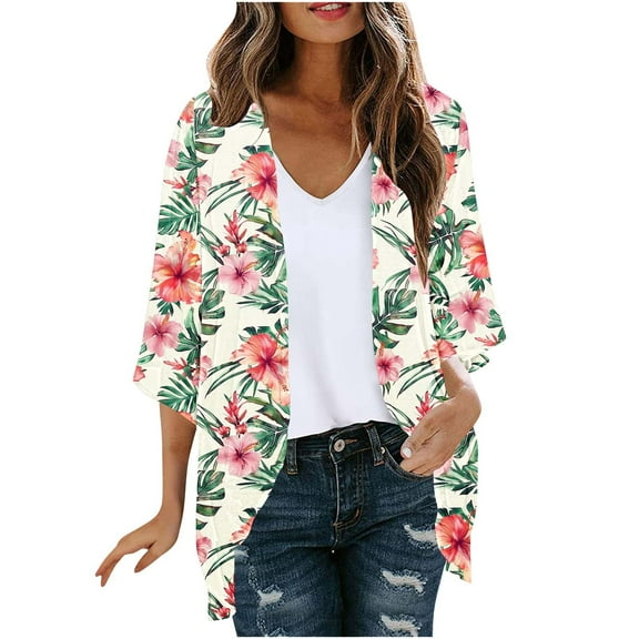 Nmnitkp Womens Cardigan High-Quality Fabric Summer Cardigan Floral Print Puff Sleeve Kimono Cardigan Loose Cover Up Casual Blouse Tops