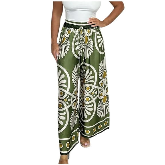 Nmnitkp Womens Casual Wide Leg Pants Printed Ruffle Elastic Drawstring Beach Palazzo Loose Pants Comfy Trousers with Pockets,Flowy Pants for Women