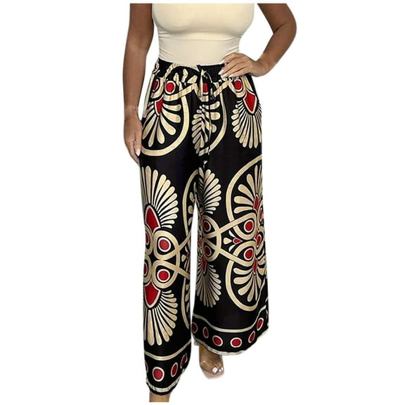 Nmnitkp Womens Casual Wide Leg Pants Printed Ruffle Elastic Drawstring Beach Palazzo Loose Pants Comfy Trousers with Pockets,Flowy Pants for Women