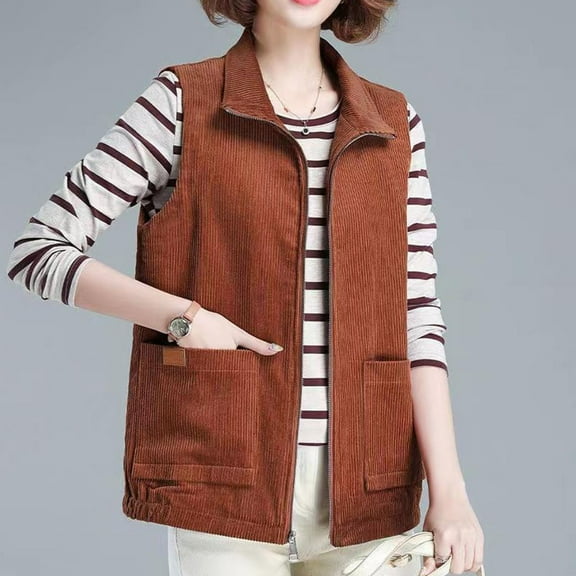 Nmnitkp Womens Corduroy Vests Outerwear 2026 Button-Down Lightweight Waistcoat Sleeveless Jacket Casual Vest Brown,L