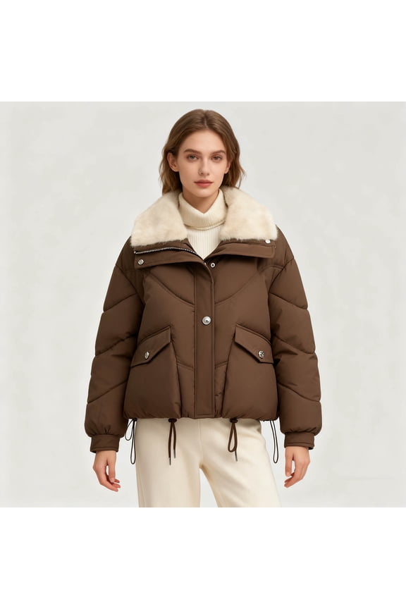Womens Cropped Puffer Jacket Full Zip Quilted Jackets Warm Winter Coat Outerwear with Pockets Coffee,M