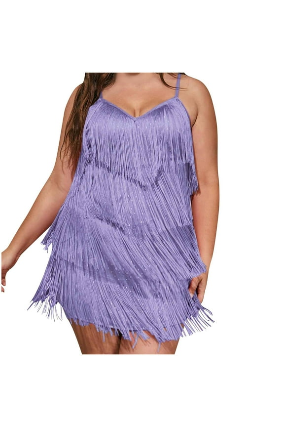 Womens Dresses Beautiful and Bright Women Sequin Tassel Flapper Dress Sleeveless Stand Collar Sparkly Fringe Latin Dresses Salsa Cha-Cha Jazz Dance(Plus Size)