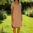 thumbnail image 1 of Nmnitkp Womens Dresses Linen Blend Button Down Shirt Dress, Loose Fit Short Sleeve Solid Color Midi Dress for Casual Summer Dresses for Women Daily Wear & Vacation Orange,S, 1 of 8
