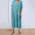 thumbnail image 1 of Nmnitkp Womens Dresses Linen Blend V Neck Maxi Dress, Short Sleeve Pleated Front Loose Fit Casual Summer Dresses for Women Beach Vacation & Daily Wear Sky Blue,M, 1 of 7