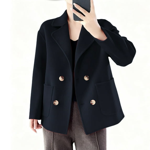 Nmnitkp Womens Fall Winter Casual Business Wool Blend Coat Loose Double Breasted Dressy Blazer Pea Coat Black,XL