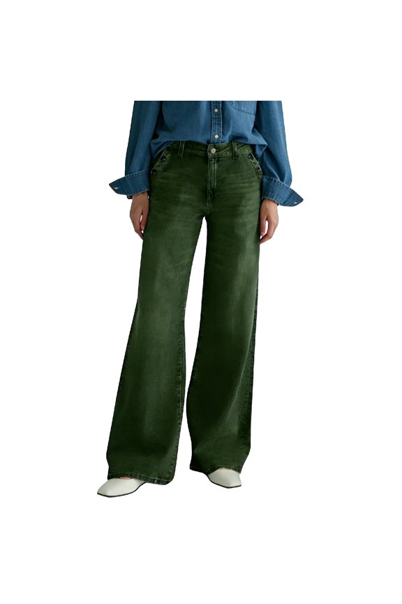 Womens Flare Jeans Mid-Low Rise Wide Leg Baggy Jean Trendy Loose Button Stretch Denim Pants with Pockets S-2XL