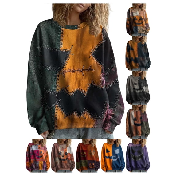 Nmnitkp Womens Halloween Sweatshirts Crewneck Vintage Patchwork Pumpkin Face Distressed Drop Shoulder Oversized Long Sleeve Pullover Fall Spooky Casual Tops for Party Daily Wear Hot Pink,3XL