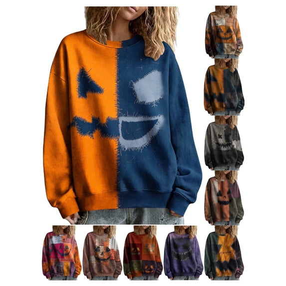Nmnitkp Womens Halloween Sweatshirts Crewneck Vintage Patchwork Pumpkin Face Distressed Drop Shoulder Oversized Long Sleeve Pullover Fall Spooky Casual Tops for Party Daily Wear Navy,L