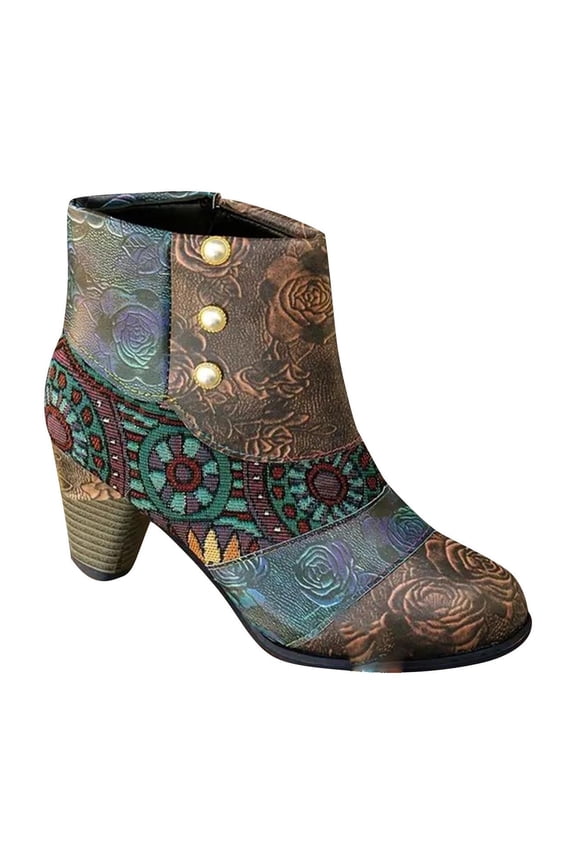 Womens Leather Ankle Boots Block Heel Colorful Floral Leather Boots High Heel Comfort Splicing Floral Winter Boots Outdoor Anti-Slip Side Zipper Walking Boots for Wedding Party Dress