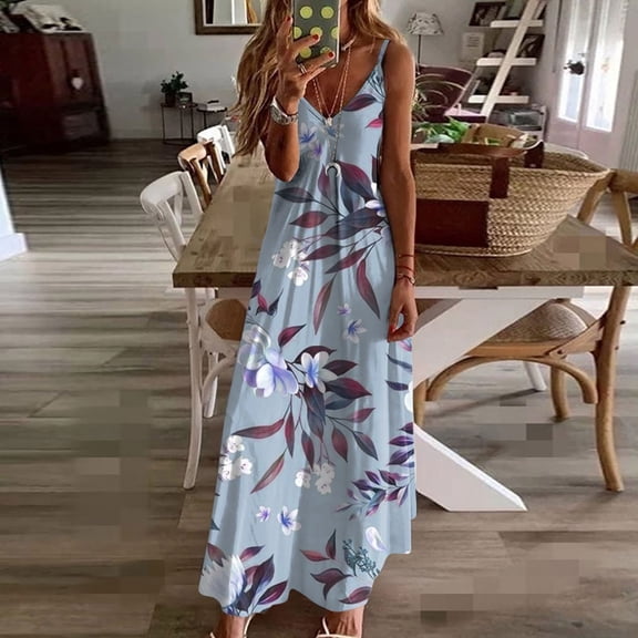 Nmnitkp Womens Maxi Dress 2025 Casual Strappy V Neck Sleeveless Flowy Sundress Plus Size Loose Long Maxi Beach Dress Sundress for Vacation S-5XL