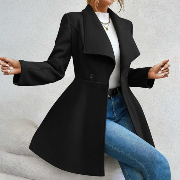 Nmnitkp Womens Notched Lapel Collar Double Breasted Pea Coat Winter Wool Blend Over Coats Long Jackets Black,L