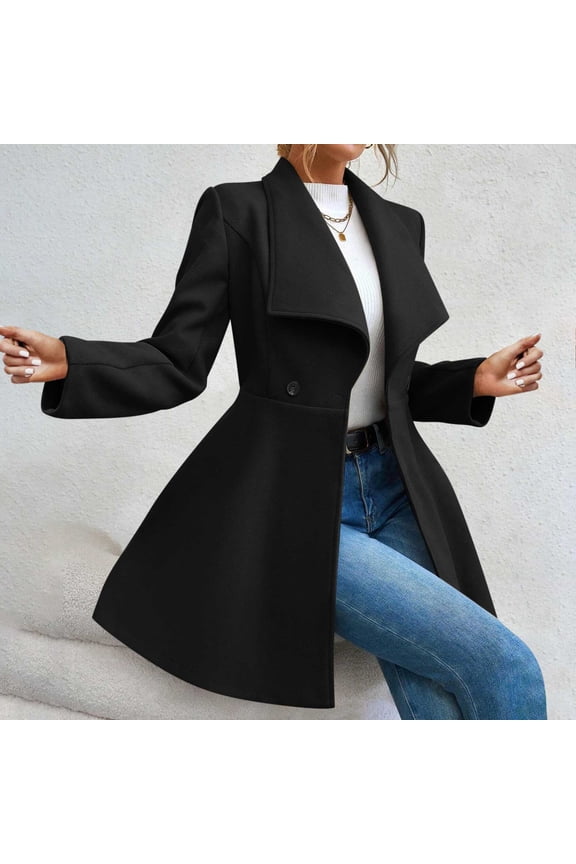 Womens Notched Lapel Collar Double Breasted Pea Coat Winter Wool Blend Over Coats Long Jackets Black,M