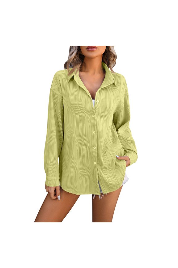 Womens Oversized Button Down Shirts Casual Loose Long Sleeve Solid Lapel Long Blouses Tops with Pockets