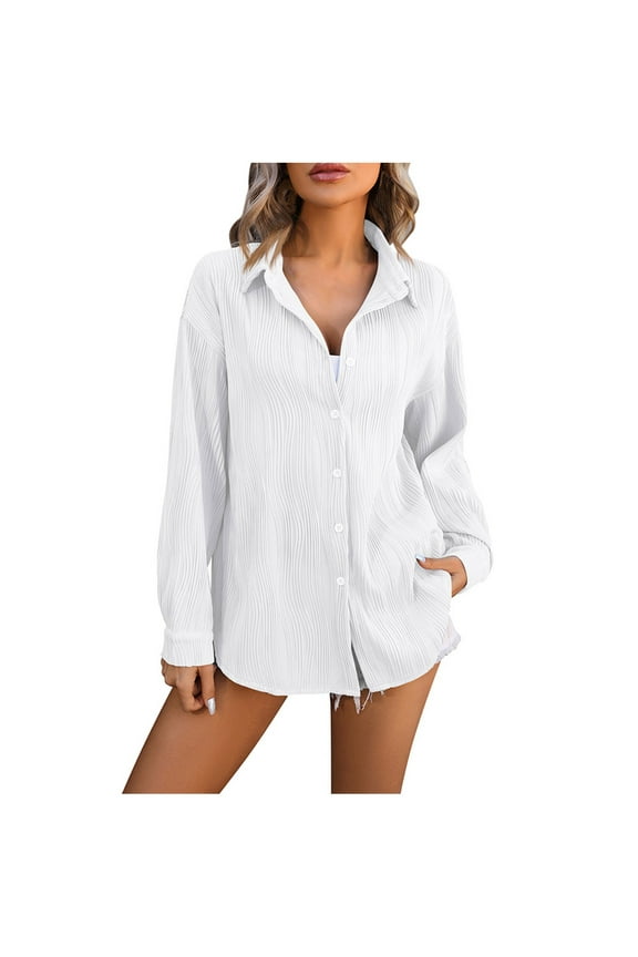 Womens Oversized Button Down Shirts Casual Loose Long Sleeve Solid Lapel Long Blouses Tops with Pockets