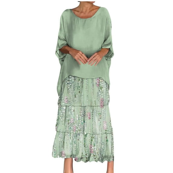 Nmnitkp Womens Plus Size Summer Dresses Floral Print Chiffon Dresses Fashion Fake Two-Piece Summer Maxi Dress Crew Neck 1/2 Sleeve Wrap Guest Casual Dresses S-4XL