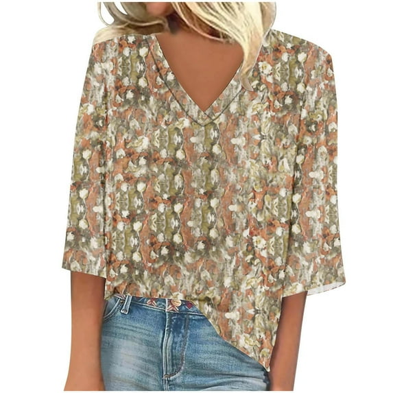 Nmnitkp Womens Plus Size Tops 3/4 Ruffle Sleeve Floral Shirt Casual V Neck Pleated T Shirt Loose Fit Tunic Blouse S-5XL