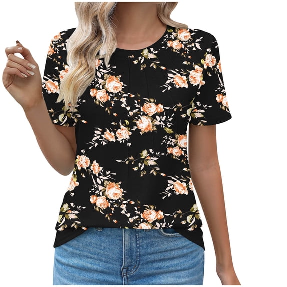 Nmnitkp Womens Plus Size Tops Cute Floral Print Summer Blouses Casual Crewneck Lace Crochet Short Sleeve Loose Tunic Top S-3XL