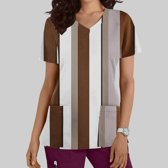 Nmnitkp Womens Printed Nurse Uniforms 2026 Scrub Tops for Women, Short Sleeve Scrub V Neck Shirt with Pockets Brown,M