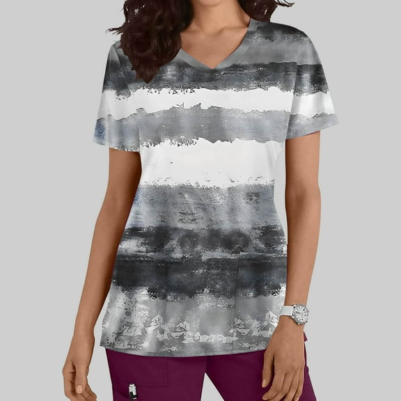 Nmnitkp Womens Printed Nurse Uniforms 2025 Scrub Tops for Women, Short Sleeve Scrub V Neck Shirt with Pockets Gray,L