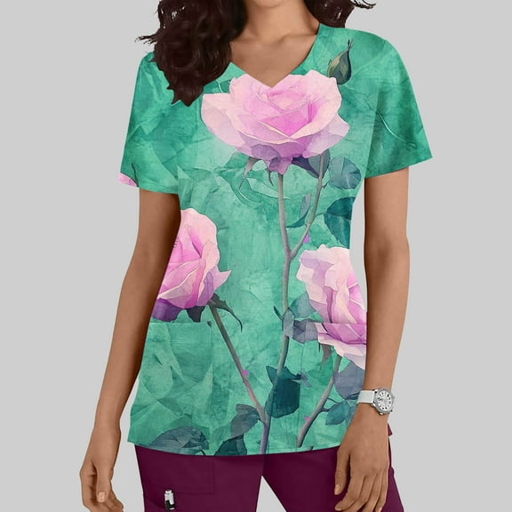 Nmnitkp Womens Printed Nurse Uniforms 2025 Scrub Tops for Women, Short Sleeve Scrub V Neck Shirt with Pockets Hot Pink,2XL