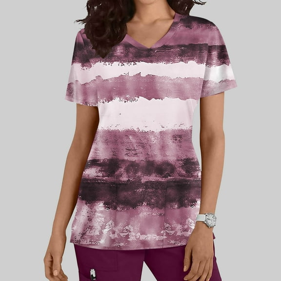 Nmnitkp Womens Printed Nurse Uniforms 2025 Scrub Tops for Women, Short Sleeve Scrub V Neck Shirt with Pockets Hot Pink,S