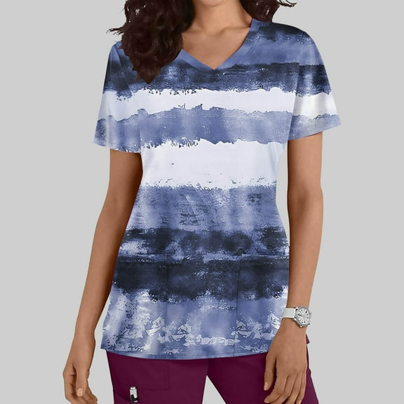 Nmnitkp Womens Printed Nurse Uniforms 2025 Scrub Tops for Women, Short Sleeve Scrub V Neck Shirt with Pockets Light Blue,XL