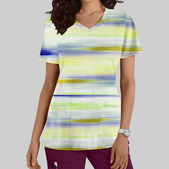 Nmnitkp Womens Printed Nurse Uniforms 2025 Scrub Tops for Women, Short Sleeve Scrub V Neck Shirt with Pockets Yellow,2XL