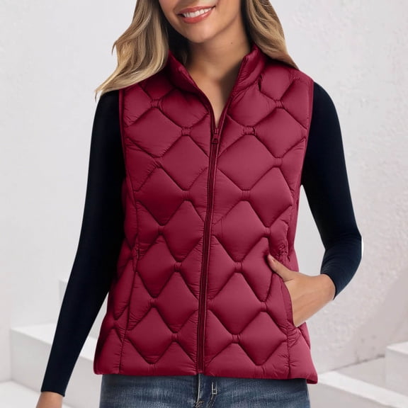 Nmnitkp Womens Puffer Vest Sleeveless Lightweight Winter Jackets Quilted Zip Up Coats Stand Collar Padded Outerwear Vests Red,3XL