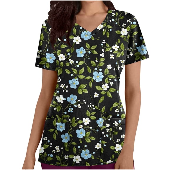 Nmnitkp Womens Scrub Tops Boasting Colorful Floral Prints Along With Short Sleeve Scrub Tops Suitable for Nursing Uniforms With Convenient Pockets