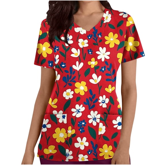 Nmnitkp Womens Scrub Tops Boasting Colorful Floral Prints Along With Short Sleeve Scrub Tops Suitable for Nursing Uniforms With Convenient Pockets