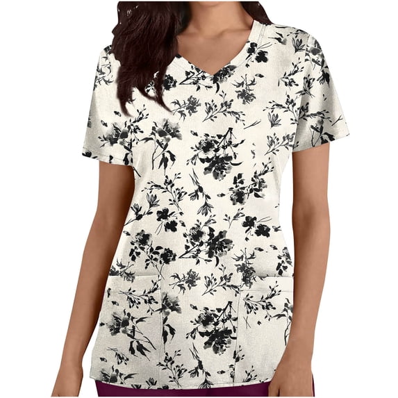 Nmnitkp Womens Scrub Tops Boasting Colorful Floral Prints Along With Short Sleeve Scrub Tops Suitable for Nursing Uniforms With Convenient Pockets