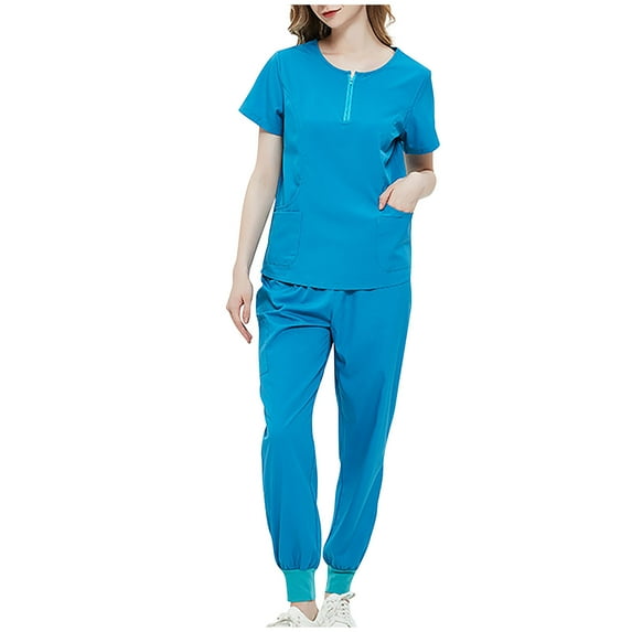 Nmnitkp Womens Scrubs Suit Set Solid Color V-neck Short Sleeved Scrub Tops with Uniform Jogger Stretchy Suit Set with Multi Pocket for Workwear
