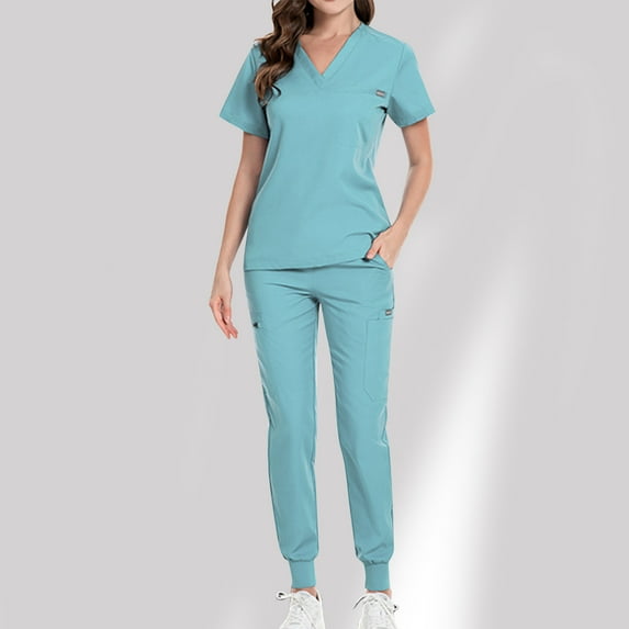 Nmnitkp Womens Scrubs Suit Set Solid Color V-neck Short Sleeved Scrub Tops with Uniform Jogger Stretchy Suit Set with Multi Pocket for Workwear