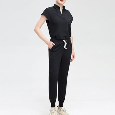Nmnitkp Womens Scrubs Suit Set Solid Color V-neck Short Sleeved Scrub Tops with Uniform Jogger Stretchy Suit Set with Multi Pocket for Workwear