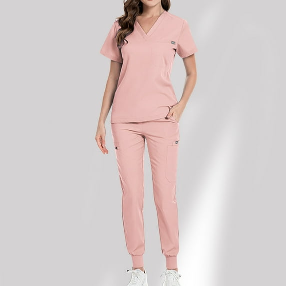 Nmnitkp Womens Scrubs Suit Set Solid Color V-neck Short Sleeved Scrub Tops with Uniform Jogger Stretchy Suit Set with Multi Pocket for Workwear