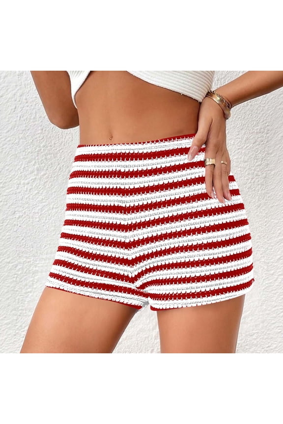 Womens Shorts Striped Crochet Knit Low Rise Shorts, Elastic Waist Stretchy Casual Summer Beach Shorts for Vacation Lounge Daily Wear Red,S