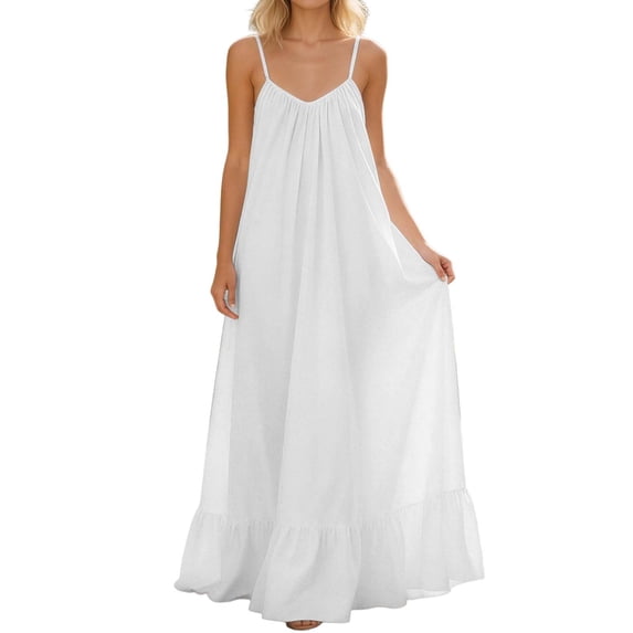 Nmnitkp Womens Summer Maxi Beach Dress Solid Color Spaghetti Strap V Neck Backless Elegant Dresses Flowy Trendy Ruffle Sundress for Beach Vacation