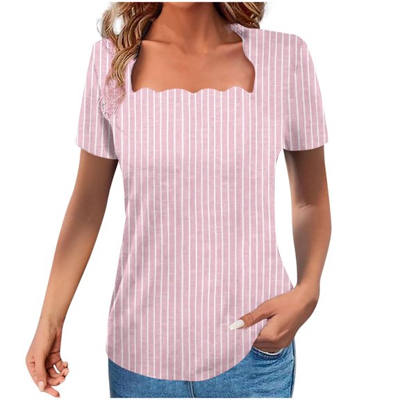 Nmnitkp Womens Summer Tops Beautiful,Short Sleeve Shirts for Women Eyelet Embroidery Summer Dressy Tops 2025 Trendy Lace Casual T-Shirts Work Outfits Pink,2XL