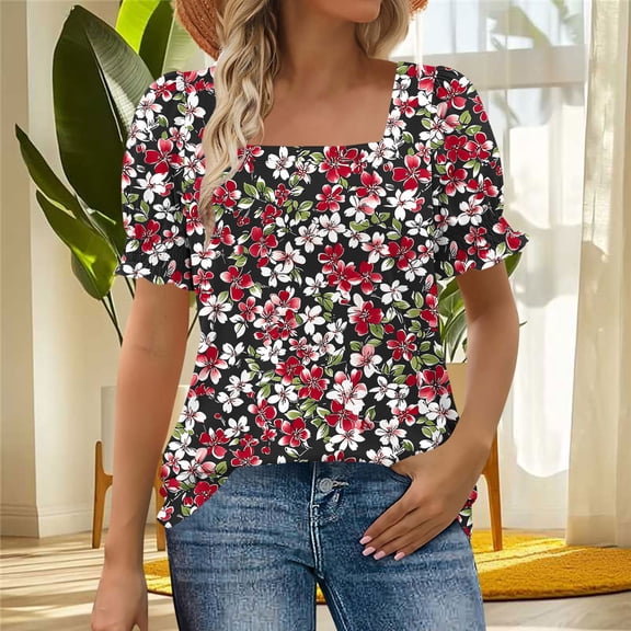 Nmnitkp Womens Summer Tops Square Neck Short Sleeve Flowy Hem Boho,Womens Short Sleeve Tops Fashion Pleat Tunic Blouses Black,2XL