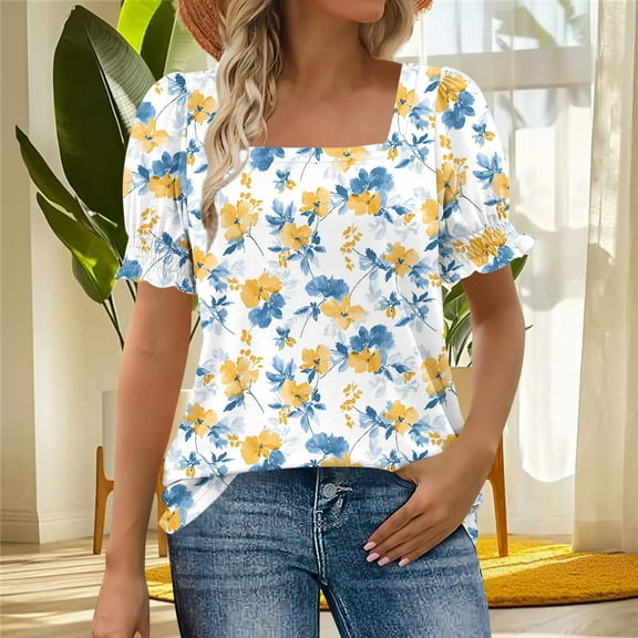 Nmnitkp Womens Summer Tops Square Neck Short Sleeve Flowy Hem Boho,Womens Short Sleeve Tops Fashion Pleat Tunic Blouses White,L