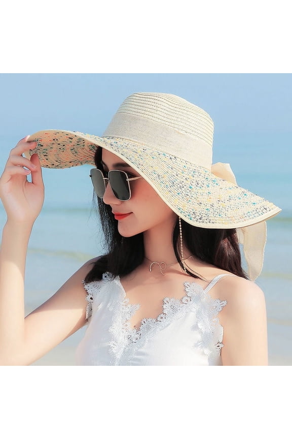 Womens Sun Straw Hat Wide Brim UPF 80 Summer Hat Foldable Packable Floppy Beach Hats for Women White
