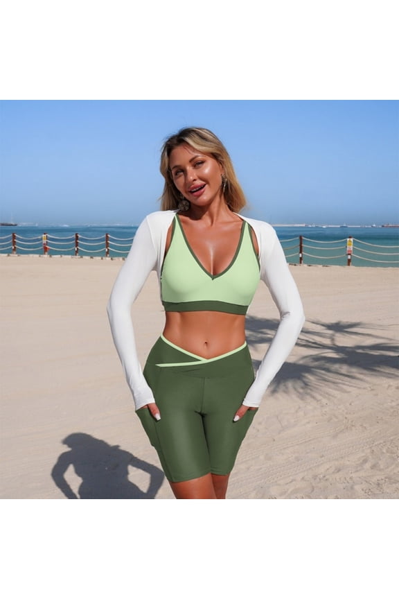 Womens Swimsuits 3 Piece Sporty Tankini Swimsuit, UV Protection Long Sleeve Rash Guard with Padded Bikini Top & Pocketed Bike Shorts, Color Block Bathing Suit Green,S