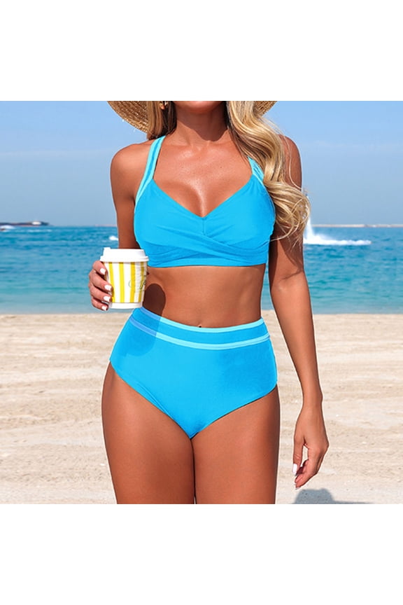 Womens Swimsuits High Waisted Push Up Bikini, V Neck Cross Back Two Piece Swimsuit with Contrast Binding & Padded Cups Tummy Control Women's Swimwear Blue,XL