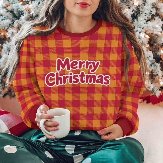 Nmnitkp Womens Tops Christmas Vintage Plaid Printed Letter Printing Round-neck Casual Sporty Long-sleeved Fleece Sweatshirt Tops Orange,2XL