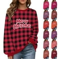 thumbnail image 1 of Nmnitkp Womens Tops Christmas Vintage Plaid Printed Letter Printing Round-neck Casual Sporty Long-sleeved Fleece Sweatshirt Tops Red,L, 1 of 9