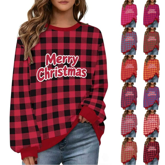 Nmnitkp Womens Tops Christmas Vintage Plaid Printed Letter Printing Round-neck Casual Sporty Long-sleeved Fleece Sweatshirt Tops Red,L