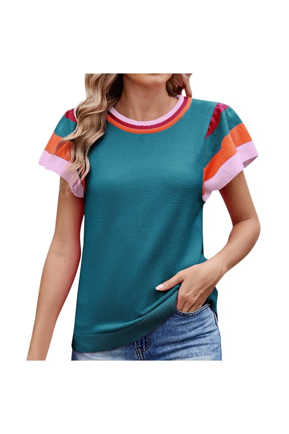 Womens Tops Comfort Spring Tops for Women New Round Neck Knit Color-Block Design Casual Tops for Women Sweet Short Sleeve Sweater,Cute Tops for Women