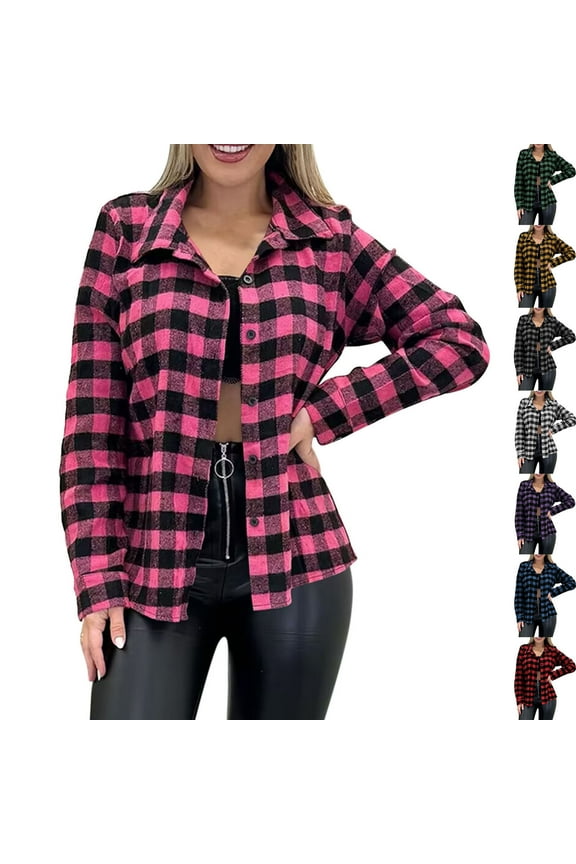Womens Tops Flannel Shirt Women Button Down Long Sleeve Plaid Shirts Collared 2025 Casual Work Tops Pink,L