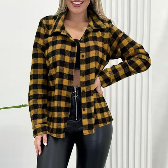 Nmnitkp Womens Tops Flannel Shirt Women Button Down Long Sleeve Plaid Shirts Collared 2025 Casual Work Tops Yellow,XL